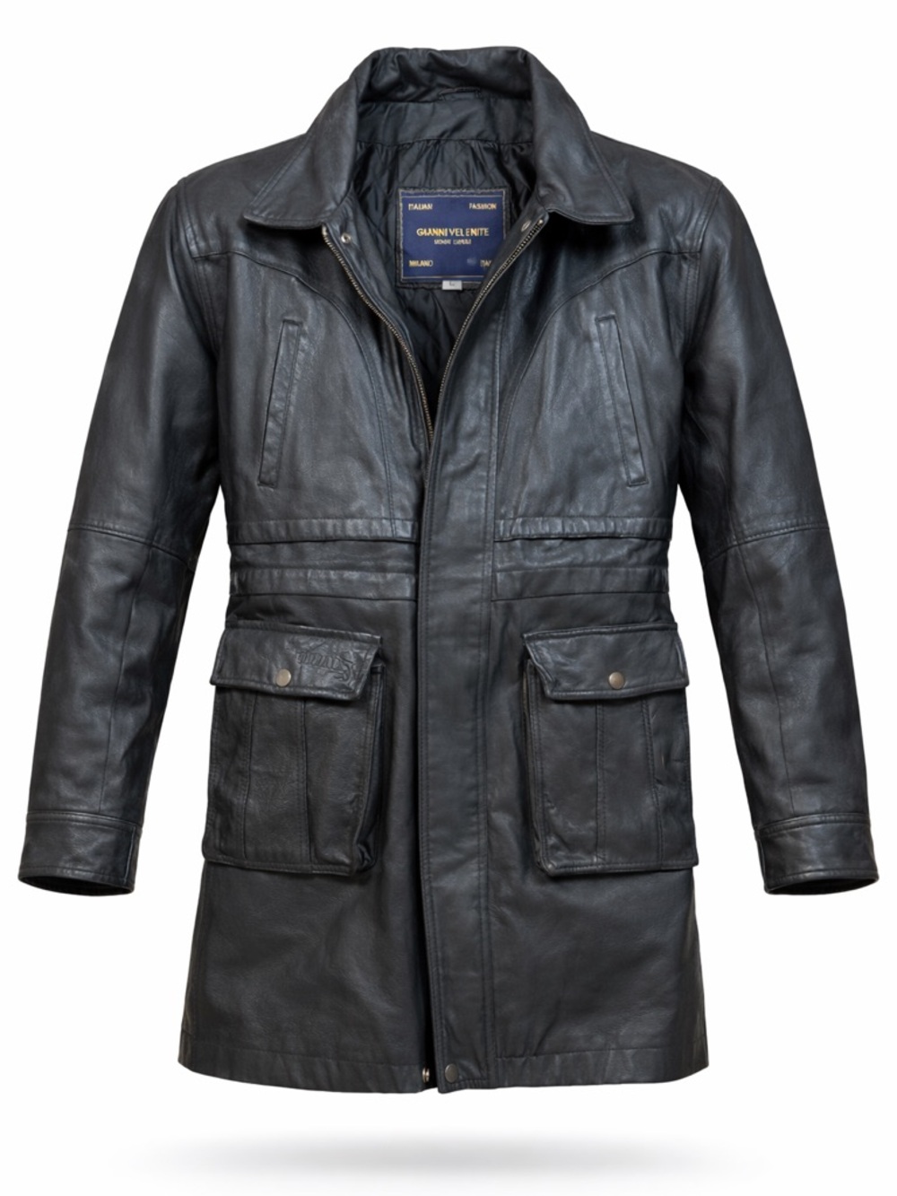 Men's Black Leather Trench Coat - Classic Longline Style Size Large